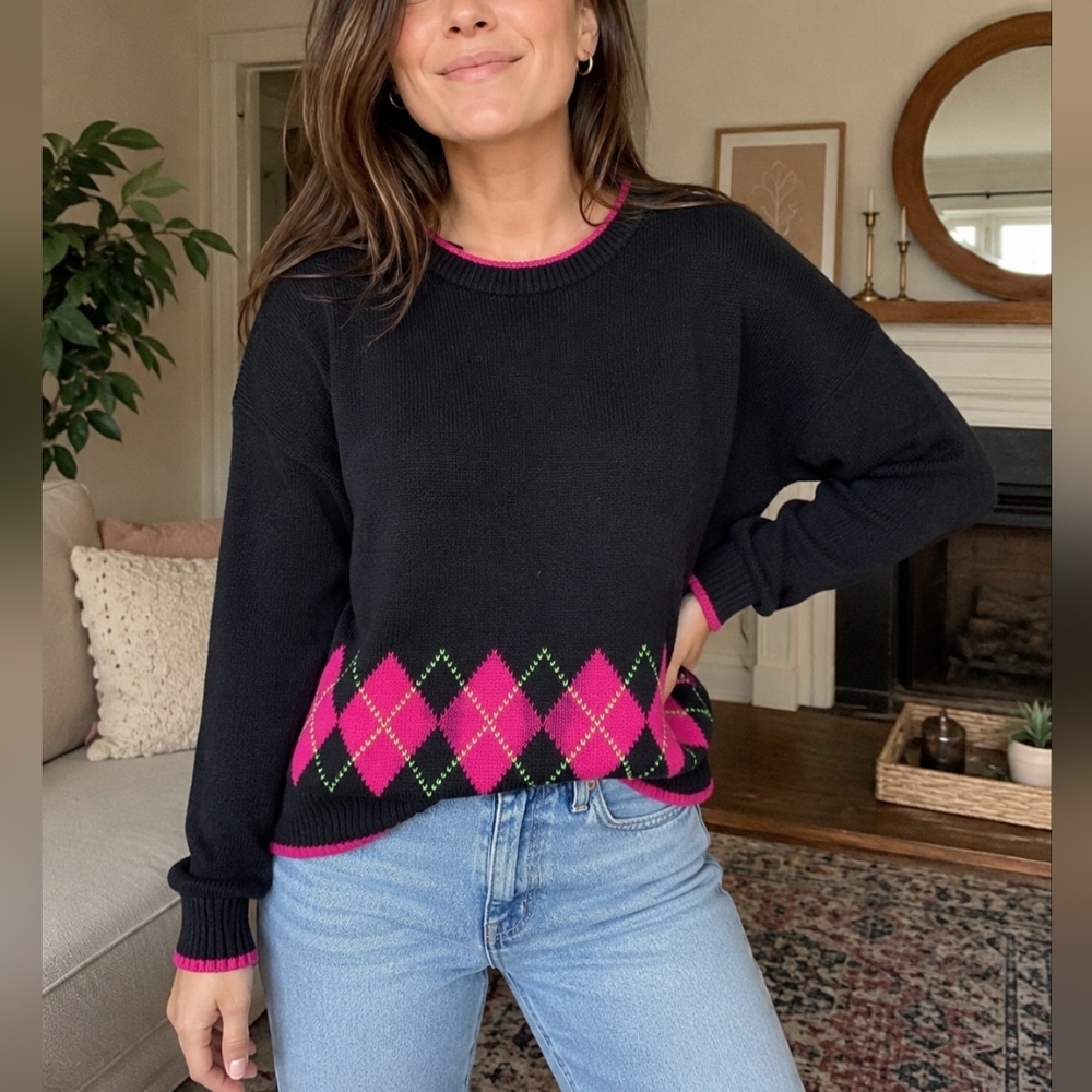 Brass Plum Black Pink Argyle Knit Sweater Women’s Size Medium Cotton Crewneck